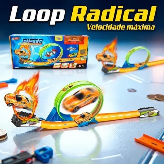 Pista de Corrida Infantil com Lançador e Loop 360° | Brinquedo Radical de Velocidade e Ação