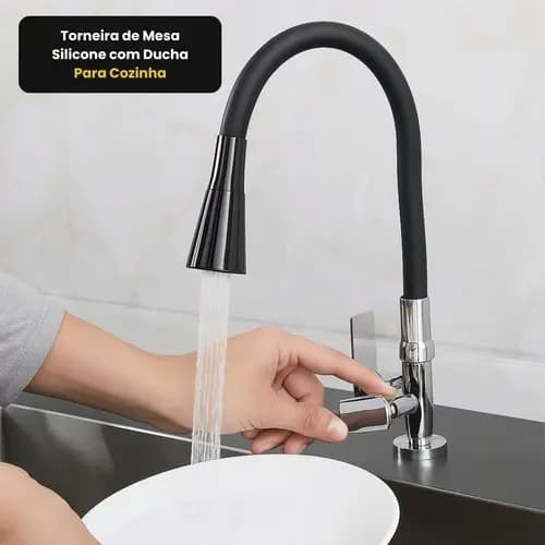Torneira Flexivel Cozinha Silicone Ducha Preta Mesa Bica Movel Moderna