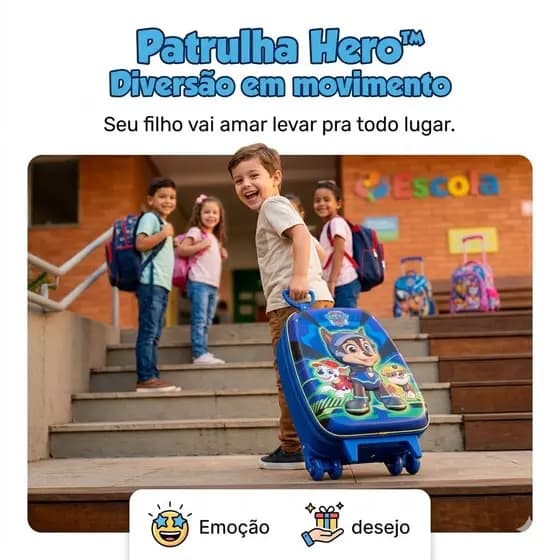 Mala Infantil Patrulha Hero™ 3D Rodinhas Bagagem Escolar Viagem Azul Resistente Fácil Transporte e rodinhas sobe escada