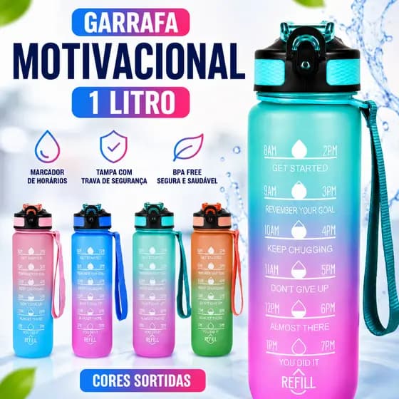 Garrafa de Água 1 Litro Squeeze Motivacional Com Marcador de Horário BPA Free Tampa Trava Academia