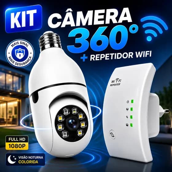 Camera WiFi Segurança Full HD 360° com Repetidor de Sinal WiFi 300M Visão Noturna