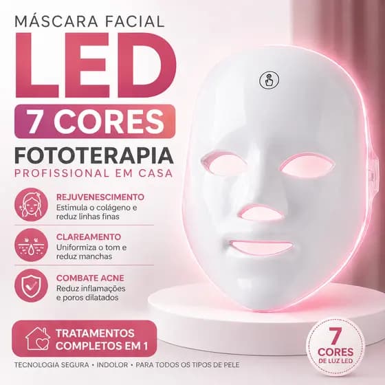 Máscara Facial LED 7 Cores Skin Care Rejuvenescimento Anti Acne Clareamento Redução de Poros