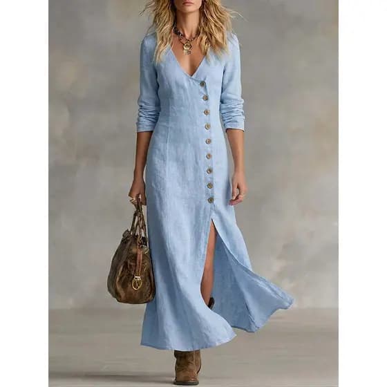 2026 novo estilo primavera verão moda Casual algodão linho manga longa botão carcela vestido feminino