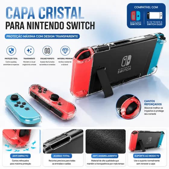 Capa Case Acrilico Transparente Cristal Joycon Nintendo Switch ou Nintendo Oled Alta Proteção,Capa protetora para Switch
