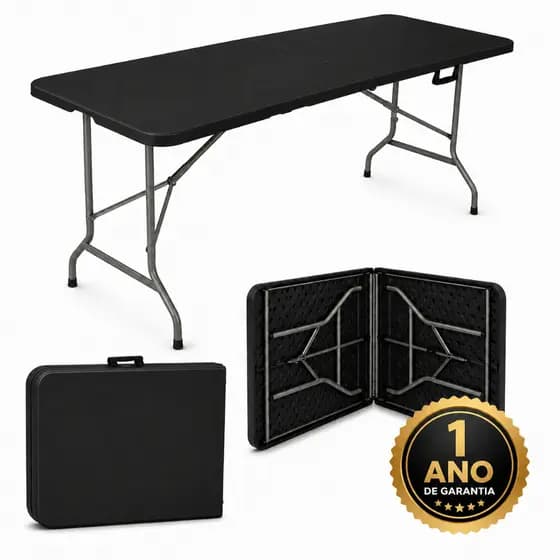 Mesa Dobrável preta 1,80m Vira Maleta com Alça Portátil Camping Praia Resistente | LARUNO