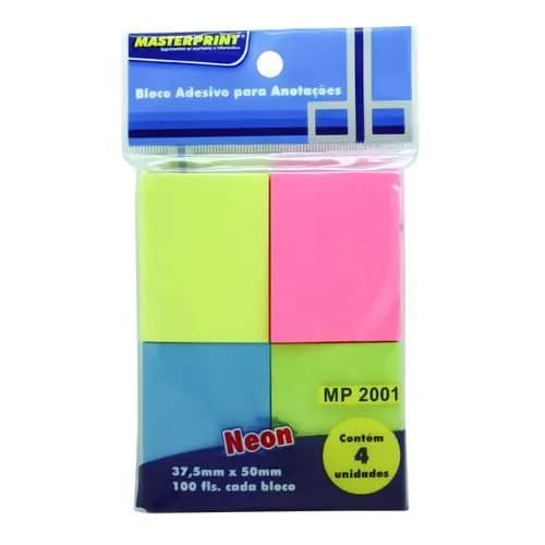 BLOCO ADESIVO ANOTACAO 37,5X50MM NEON 4 CORES 4X100FOLHAS POSTITI PAPAELARIA ESCRITÓRIO MASTER PRINT