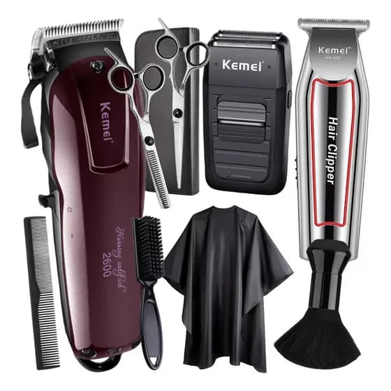 Maquina Cortar Cabelo Kemei Km2600 + Km032 + Km1102 Tesouras