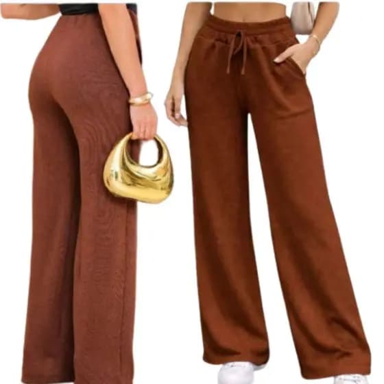 Calça Pantalona Lanzinha Feminina Cintura Alta Com Elastico De e Bolso Outono / Inverno Promoção