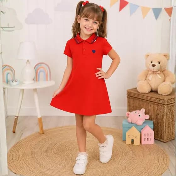 Vestido Infantil Feminino Princesinha Gola Polo Piquet Casual Bordado Varias Cores