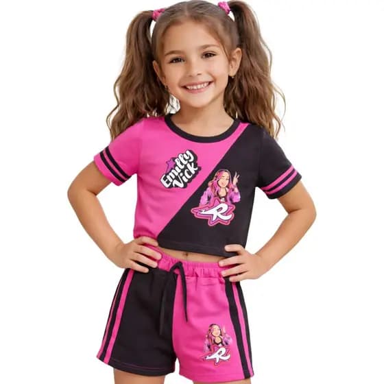 Conjunto Infantil Feminino Emilly Vick e Kethylen Turma dos Rosas Camisa e Short Look Fashion