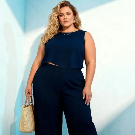 Conjunto Feminino Moda Plus Size em Tecido Linho Premium Calça Pantalona Blusa Regata G1 G2 G3
