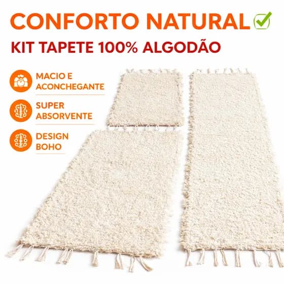 Jogo Tapete Cozinha Algodão Cru Kit 3 Unidades / 2 Unidades / 1Unidade - Diversas Opções de Tamanho