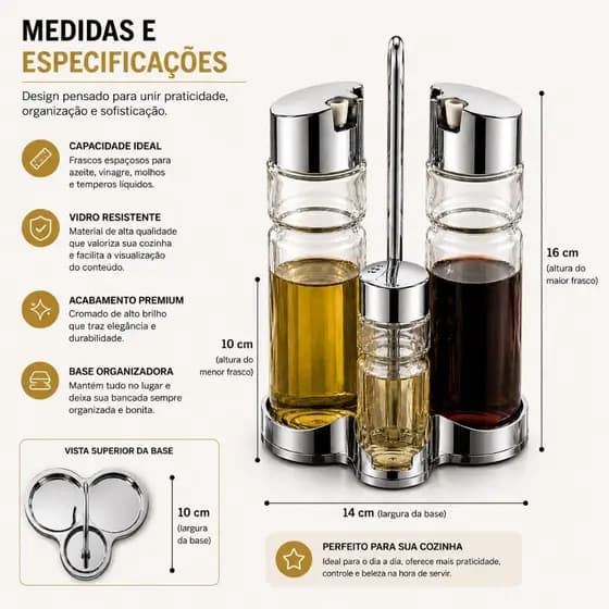Kit galheteiro 3 peças porta Azeite , Vinagre e Temperos, de vidro.