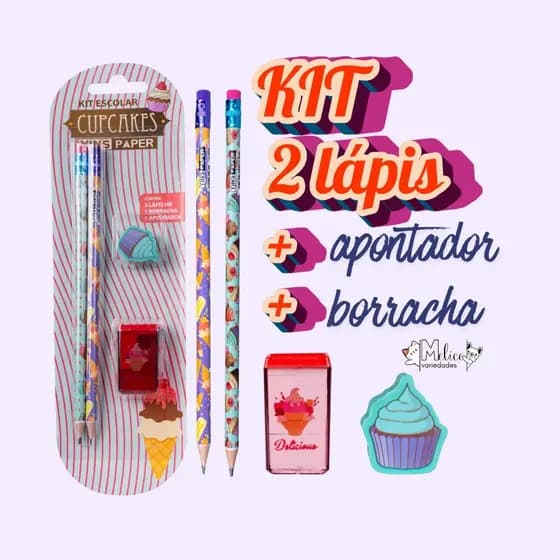 KIT ESCOLAR COMPLETO LAPIS GRAFITE BORRACHA E APONTADOR MENINA MENINO