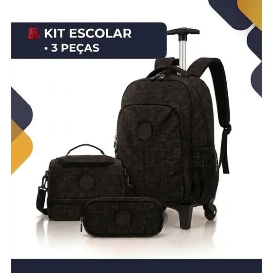 KIT MOCHILA DE RODINHA ESCOLAR INFANTIL EM CRINKLE COM ESTOJO E LANCHEIRA