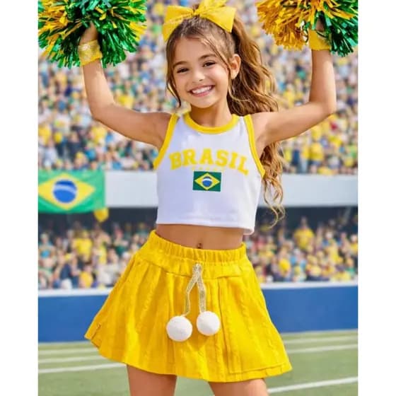 Conjunto Brasil Infantil De Menina Brasil Copa Do Mundo Blusinha e shorts Verde/Amarela/Azul | Look Copa