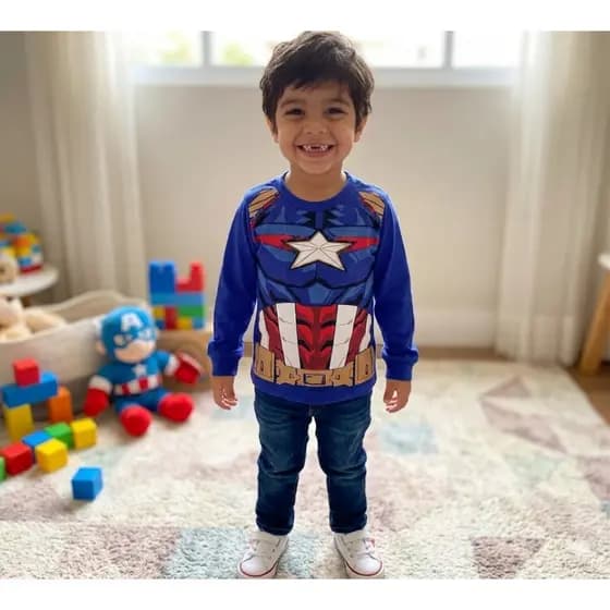 Blusa Infantil Capitão America Fantasia Personagens Meninos e Meninas