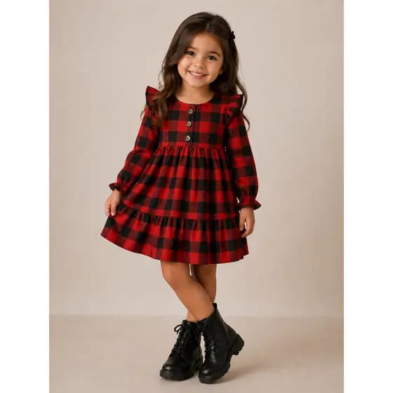 Vestido Infantil Xadrez Flanelado Manga Longa Menina Festa Junina e Inverno