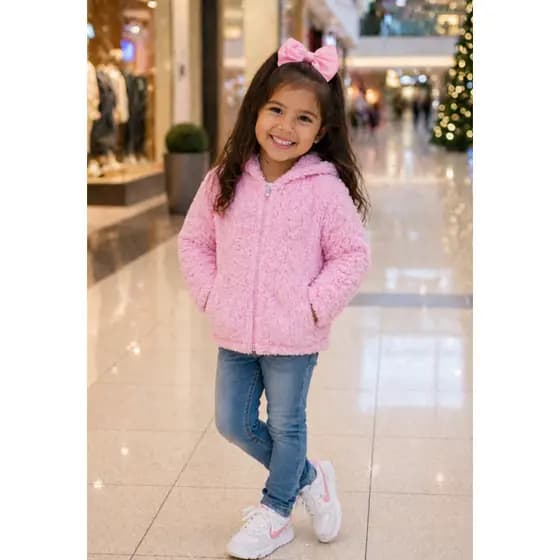 Casaco Infantil Rosa Ted Peluciado Blusa Moda Blogueira Inverno Feminino Confortável Tendência