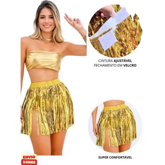 Conjunto de Carnaval Feminino Luxo Bloquinho do Camarote, Composto por CJ Hot Pant + Saia de Fitas