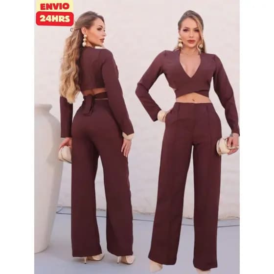 Conjunto Feminino Alfaiataria Elegante Cropped Manga Longa Decote V