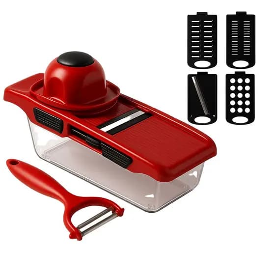 Fatiador/Ralador Manual 6 Peças com Recipiente Descascador Antiderrapante 4 Lâminas Inox para Cozinha Prática Multiuso