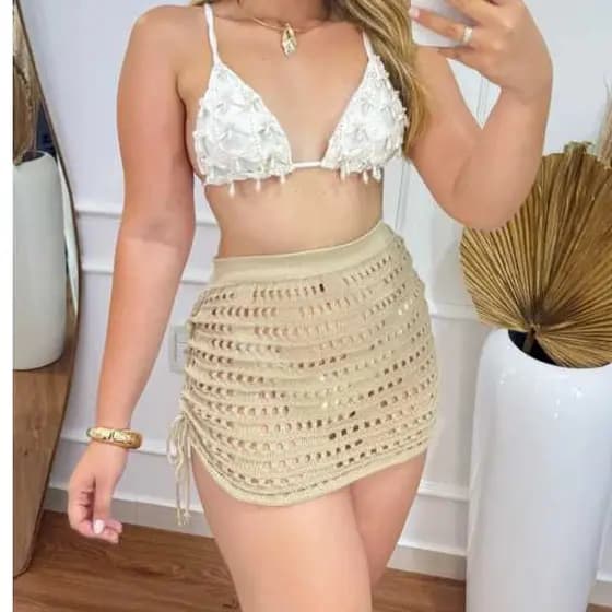 Saia Tricot Curta Saida De Praia Feminino Vazado Com Ajuste Lateral Elegante Verão Luxo