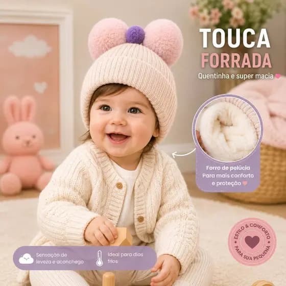 Touca Infantil Forrada com Pompons | Quentinha e Super Macia | Várias Cores