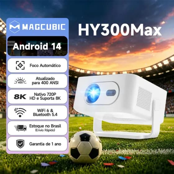 MAGCUBIC HY300Max Projetor Portátil 400ANSI 8K 1080P Suporte Android 14 Foco Automático WiFi 6 BT5.4