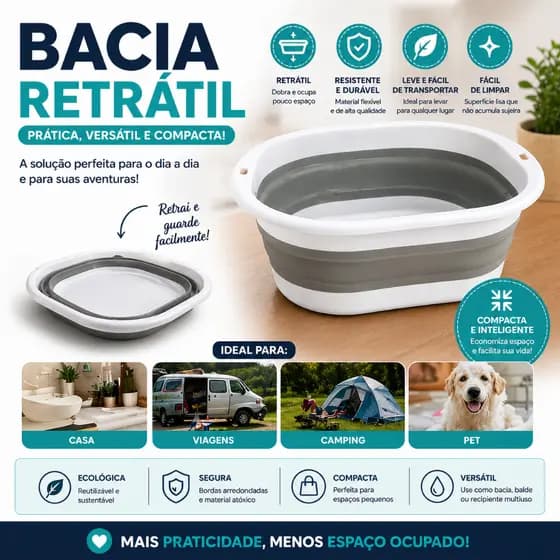 Bacia Retrátil Dobrável Multiuso | Compacta, Resistente e Portátil | Ideal para Casa, Viagem e Camping