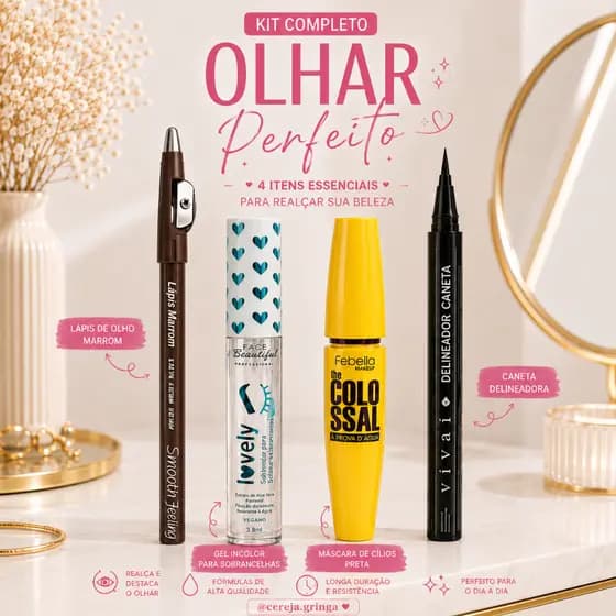 Kit Maquiagem para Olhos | 4 Produtos Máscara de Cílios Colossal + Delineador Caneta + Lápis + Gel para Sobrancelhas