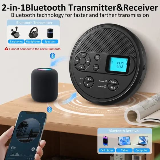 Leitor De CD Portátil Multifuncional Embutido Bluetooth Transmissor FM Tela LCD Suporte USB AUX Reprodução Fone De Ouvid