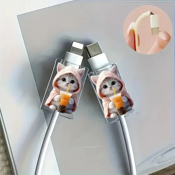 2 Pçs Gatinho Bonito 2D Plástico Transparente Carregador De Telefone Protetor Manga Durável Cabo Saver Para iPhone/Tipo-