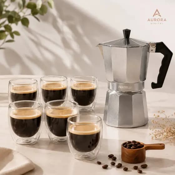 Kit Cafeteira Italiana Moka + Copos Dupla Parede Vidro Aço Top Cafeteira Rápida Gourmet Café Térmico