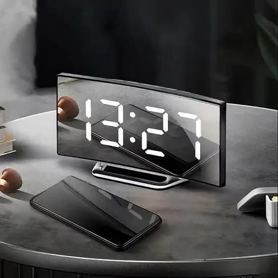 Relógio digital LED com tela curva espelhada de 7 polegadas, temperatura, soneca e porta USB