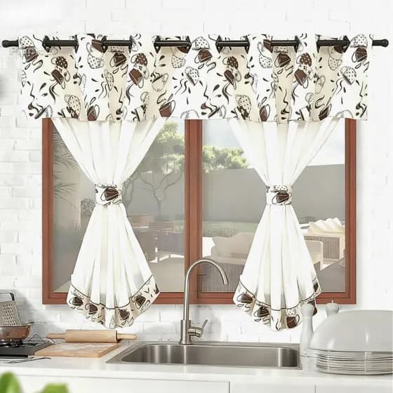 Cortina De Cozinha Com Bandô 2.00x1.40 Estampada Com Braçadeiras Decoração