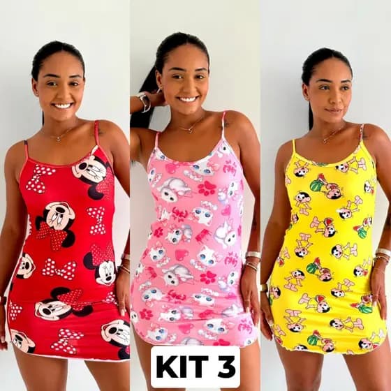 Kit 3 Camisola Temática de Alcinha Estampada Feminino Personagens Sortidas