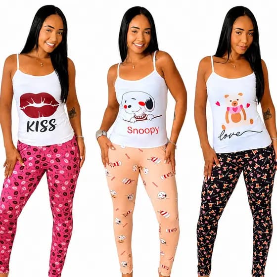 Conjunto Temático Pijama Feminino Blusa de Alcinha e Calça Longa Estampada
