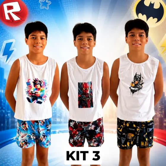 Kit 3 Pijama Regata Infantil Para Menino Personagens Temático Criança Kids