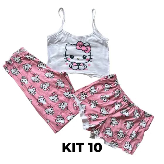 Kit 10 Conjunto Ímpar Cropped de Alcinha + Calça Longa + Short | Pijama Feminino Personagens