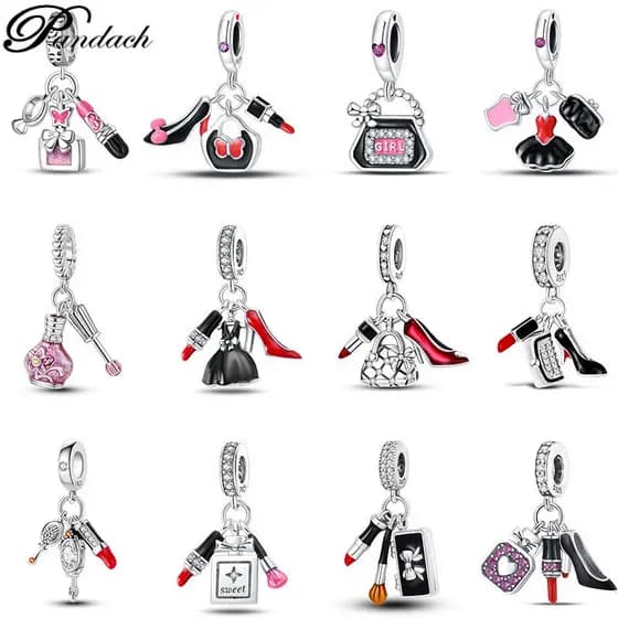 Berloques S925 Prata Pingente Salto Alto Batom Perfume Contas Compatível com Pulseiras