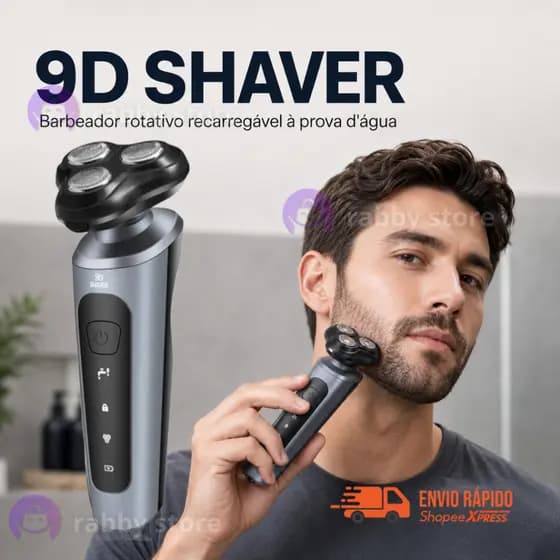 Máquina de Barbear Barbeador Aparador Rotativo Elétrico Recarregavél para Homem Cabeça Tripla Limpeza Facial 9D Shaver