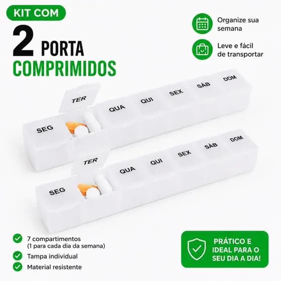 Kit Com 2 Porta Comprimidos Semanal Organizador Remédio