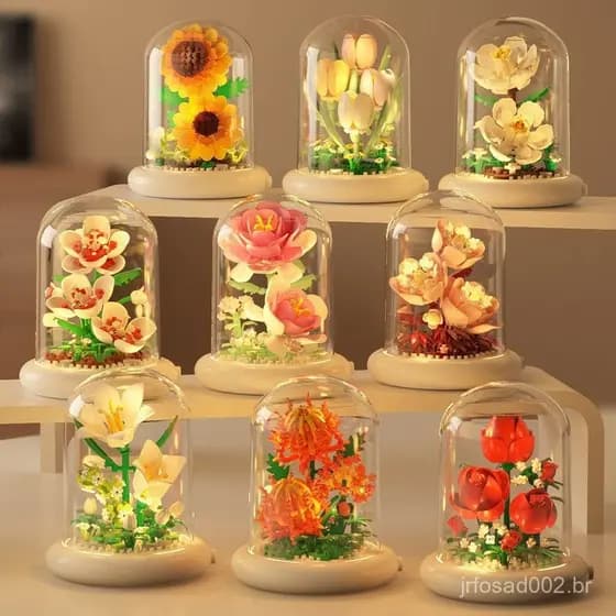 Três Estilos de Blocos de Construção de Girassol Rosa com Capa Protetora e Luz, Presentes Exquisitos para Meninos e Meni