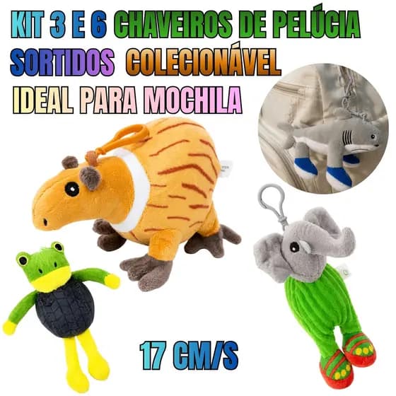Kit Chaveiro Pelúcia Infantil Fofo para Bolsa Mochila e Chaves