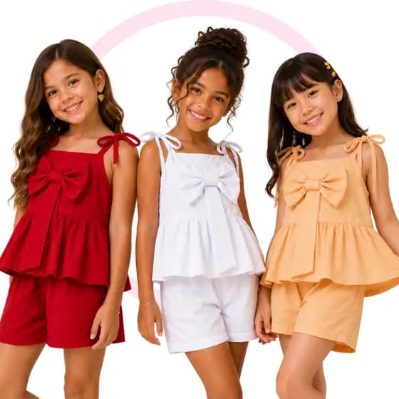 Conjunto Infantil Feminino com laço Verão Blusa de Alça com Laço Short Confortável Conjuntinho menina com babado lacinho