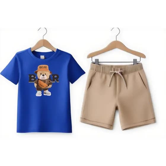 Conjunto Infantil Masculino Camiseta e short Estampado Urso Confortável Algodão Kids