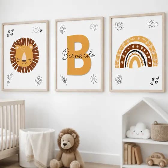 Quadro Decorativo Leão Arco Iris Boho Minimalista Escandinavo Personalizado com Nome