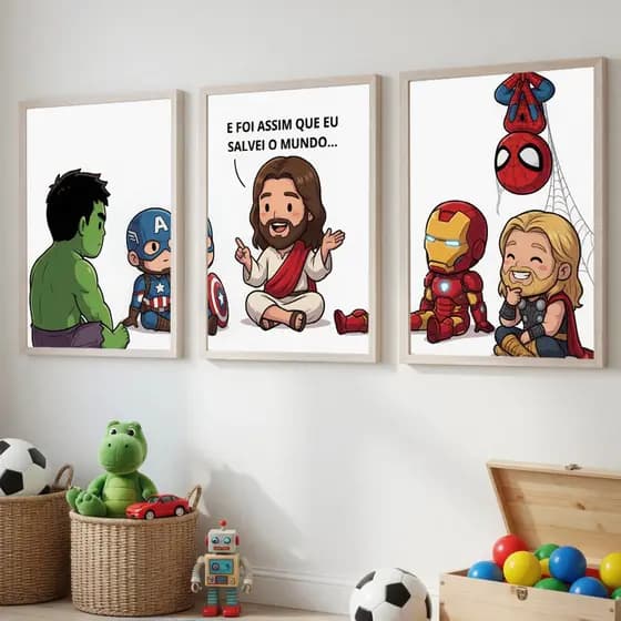 Quadro Decorativo Super Herois Jesus Religioso Homem Aranha Ferro Thor Hulk Capitão America Infantil