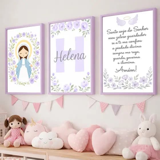 Quadro Decorativo Nossa Senhora Graças Católica Nome Personalizado Bebê Santo Anjo Aparecida Lilás